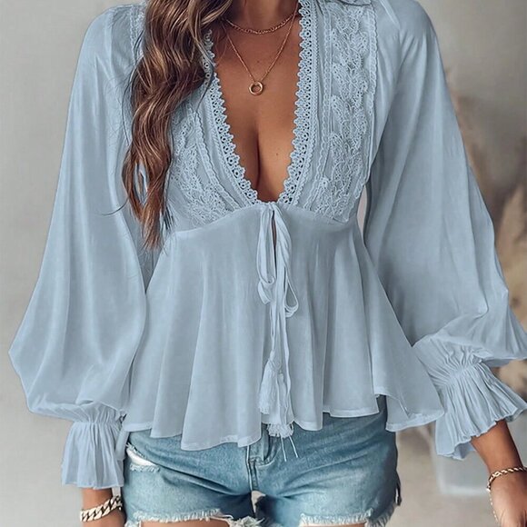 Baby Blue Boho Women's Casual Lace Patchwork Lantern Sleeve Peplum Top - Picture 1 of 3